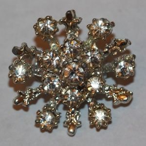 Vintage Glass Rhinestone Flower Brooch Silver Tone